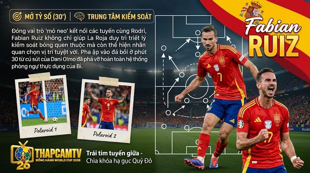 Phân tích vai trò chiến thuật của Fabian Ruiz trong sơ đồ 4-2-3-1, người đóng vai trò trung tâm kiểm soát bóng và mở tỷ số cho Tây Ban Nha trước Bỉ.