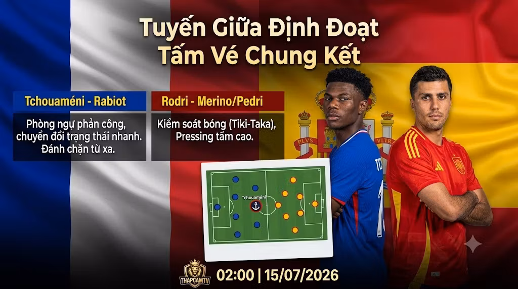 Phân tích sơ đồ chiến thuật tuyến giữa trận Pháp vs Tây Ban Nha: Cuộc đối đầu định đoạt tấm vé chung kết giữa Tchouaméni và Rodri.
