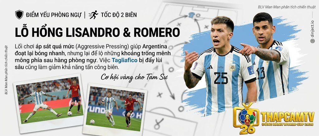 Lỗ hổng chiến thuật nơi hàng phòng ngự tuyển Argentina do lối chơi áp sát pressing tầm cao của bộ đôi trung vệ Lisandro Martinez và Cristian Romero, cơ hội để tuyển Anh khai thác.