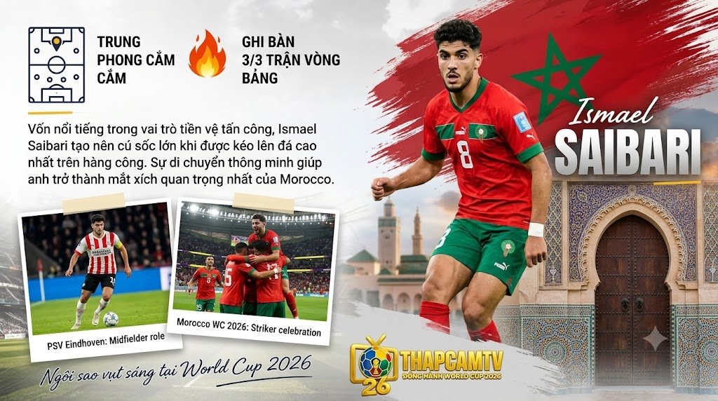Ismael Saibari - Ngôi sao trẻ vụt sáng của đội tuyển Morocco thi đấu ấn tượng ở vị trí trung phong cắm tại World Cup 2026, phân tích chiến thuật bởi Thapcamtv.