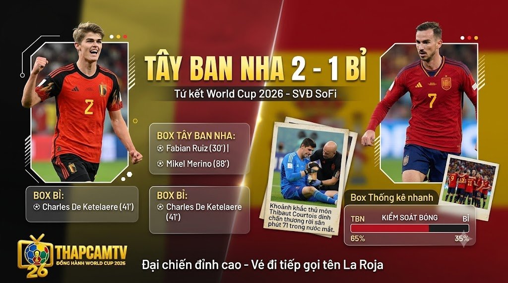 Đồ họa thống kê chi tiết kết quả trận tứ kết World Cup 2026 giữa Tây Ban Nha 2-1 Bỉ, làm nổi bật tỷ lệ kiểm soát bóng và danh sách cầu thủ ghi bàn.
