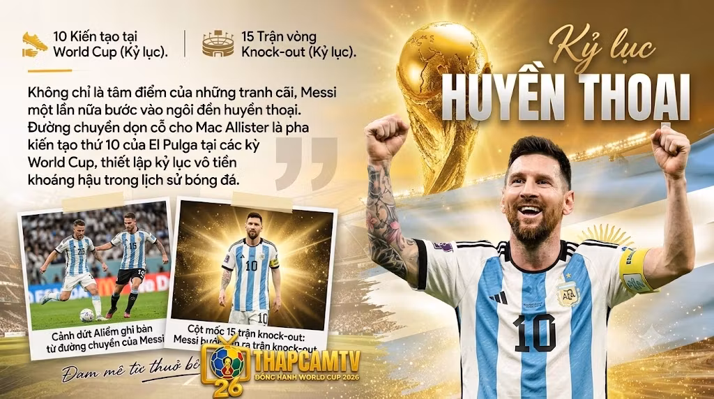 Đội trưởng tuyển Argentina Lionel Messi dang tay ăn mừng kiêu hãnh, thiết lập kỷ lục lịch sử với 10 pha kiến tạo và 15 trận ra sân tại vòng knock-out World Cup.