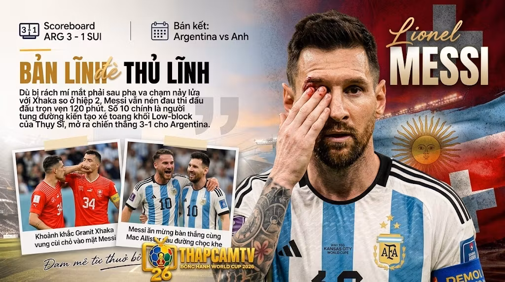 Bản lĩnh thủ lĩnh của Lionel Messi khi anh bị rách mí mắt đổ máu sau pha va chạm với Granit Xhaka nhưng vẫn nén đau thi đấu trọn vẹn 120 phút.