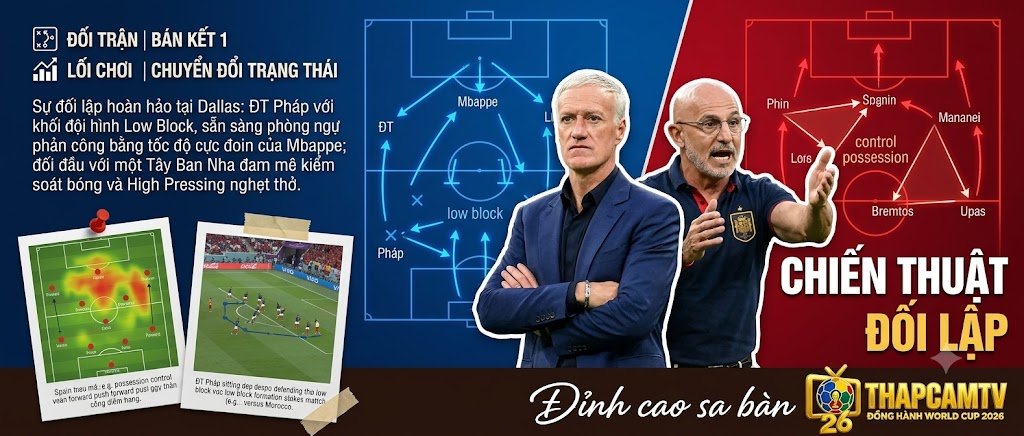 Phân tích chiến thuật đối lập giữa khối đội hình Low Block của ĐT Pháp và High Pressing của ĐT Tây Ban Nha tại bán kết World Cup 2026.