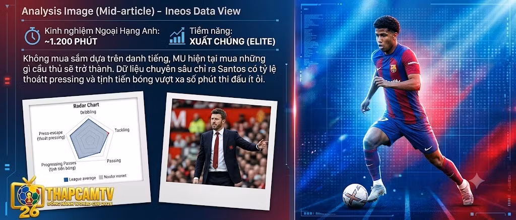 Phân tích dữ liệu tịnh tiến bóng và khả năng thoát pressing xuất chúng của Andrey Santos, minh chứng cho tầm nhìn chuyển nhượng của Ineos và HLV Michael Carrick.