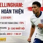 "Infographic từ Thapcamtv phân tích chi tiết phong độ của Jude Bellingham tại tuyển Anh ở tứ kết World Cup 2026. Hiển thị dữ liệu 2 bàn thắng, tỷ lệ tranh chấp tay đôi thành công trên 70% và tần suất pressing cao nhất đội, chứng minh anh là một cỗ máy hoàn thiện."