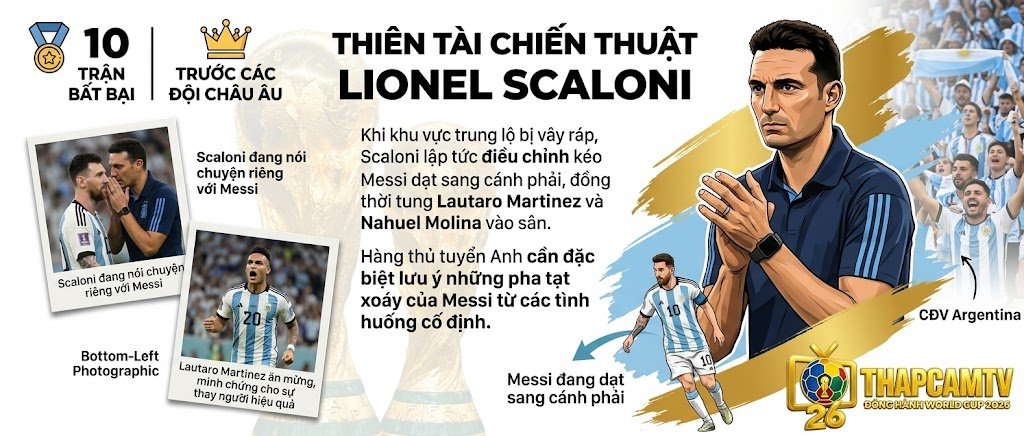 HLV Lionel Scaloni với những điều chỉnh chiến thuật linh hoạt và kỷ lục 10 trận bất bại trước các đại diện châu Âu, điểm tựa vững chắc của tuyển Argentina.