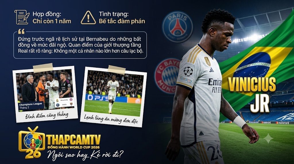 Tương lai Vinicius Jr tại Real Madrid đứng trước ngã rẽ do bế tắc hợp đồng và nguy cơ rời đi - Cập nhật chuyển nhượng bóng đá trên Thapcamtv.